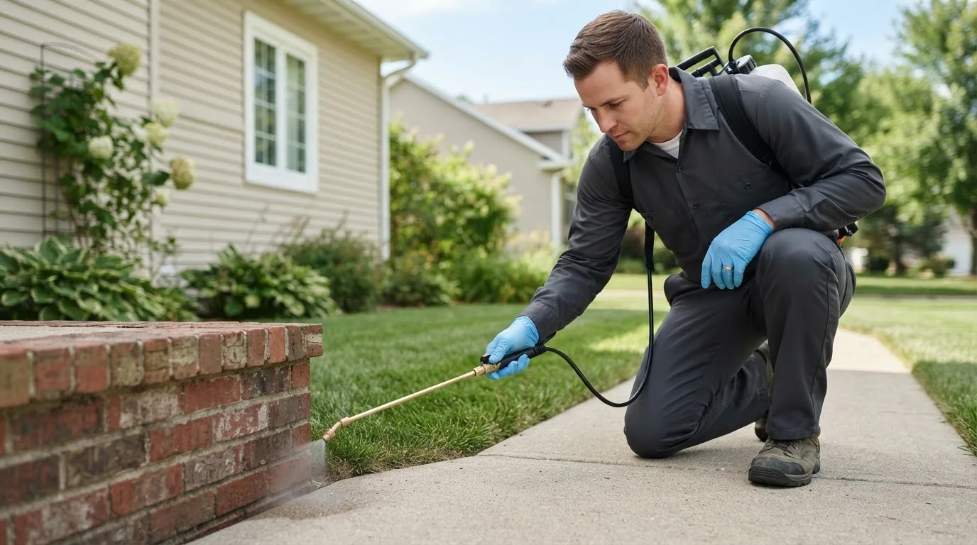 Pest control technician treating a home near Benton Ridge, OH