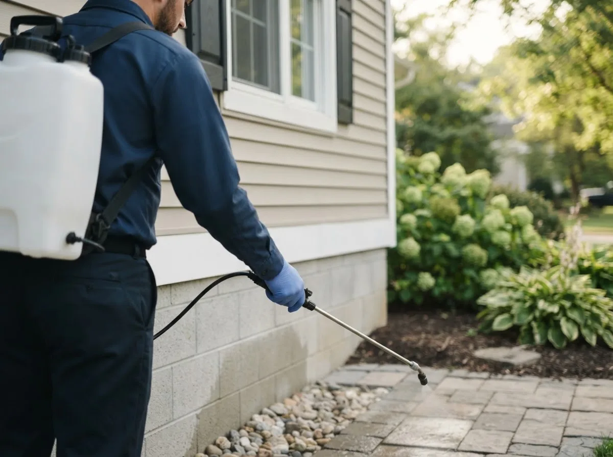 Pest control technician inspecting a home in Benton Ridge, OH